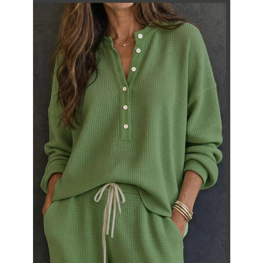 Waffle Knit Button Detail Top and Pants Set Apparel Accessories