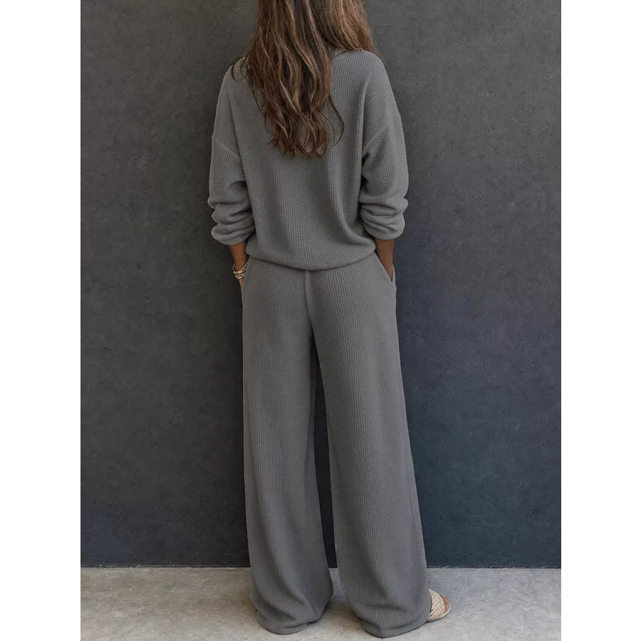 Waffle Knit Button Detail Top and Pants Set Apparel Accessories