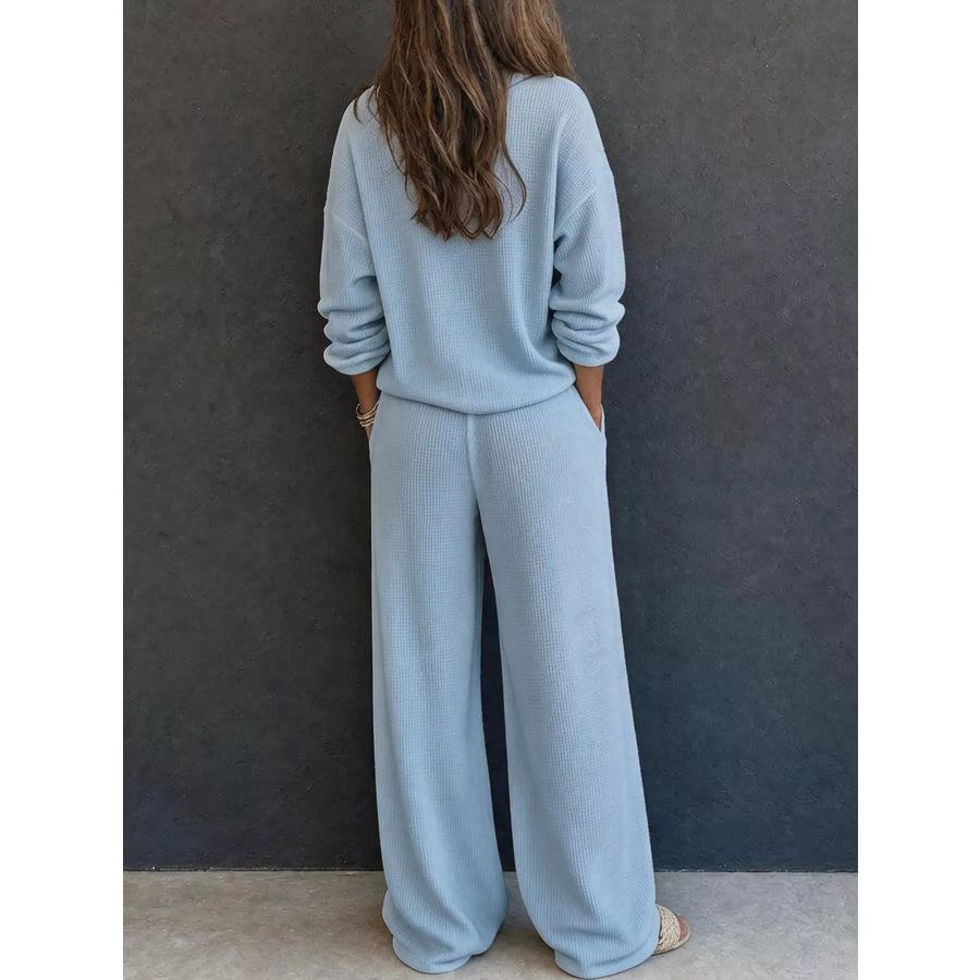 Waffle Knit Button Detail Top and Pants Set Apparel Accessories