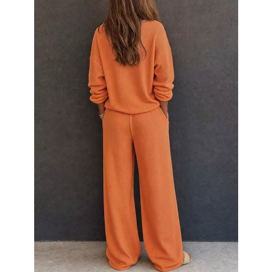 Waffle Knit Button Detail Top and Pants Set Apparel Accessories