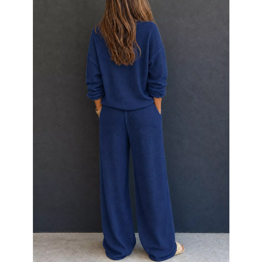 Waffle Knit Button Detail Top and Pants Set Apparel Accessories