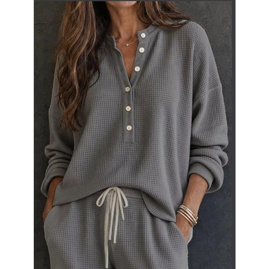 Waffle Knit Button Detail Top and Pants Set Apparel Accessories