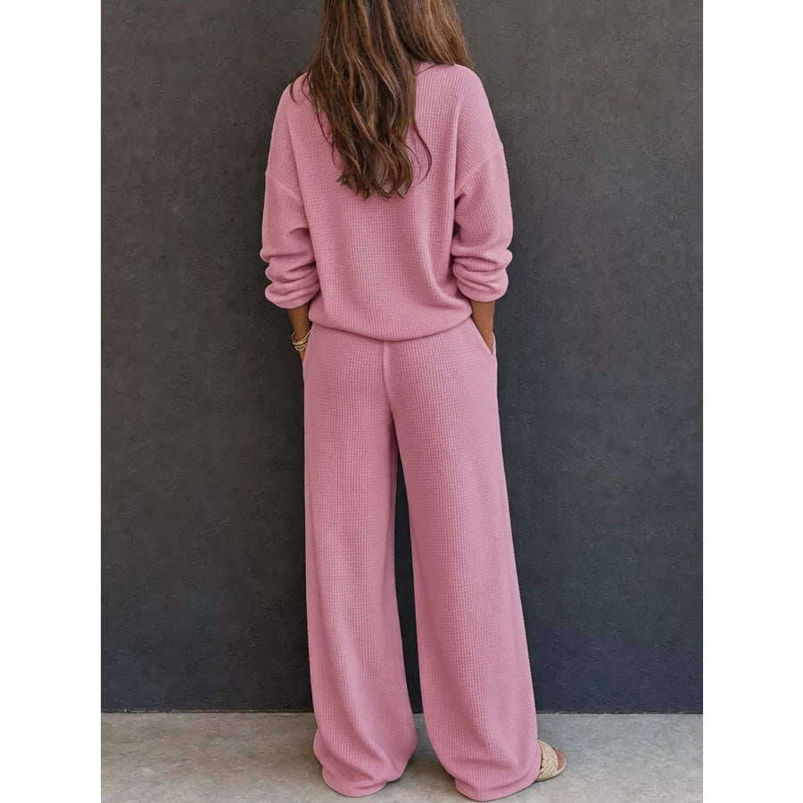 Waffle Knit Button Detail Top and Pants Set Apparel Accessories