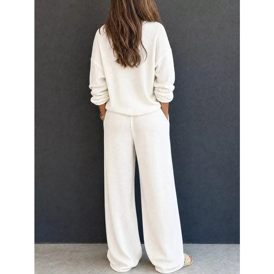 Waffle Knit Button Detail Top and Pants Set Apparel Accessories