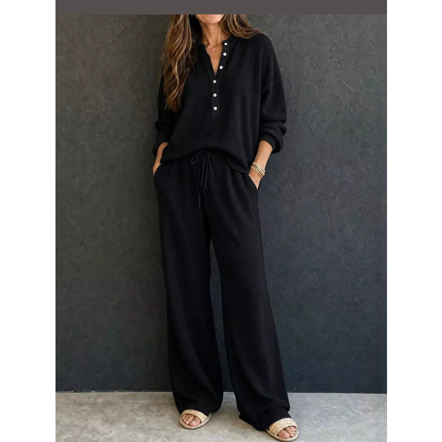 Waffle Knit Button Detail Top and Pants Set Black / S Apparel Accessories