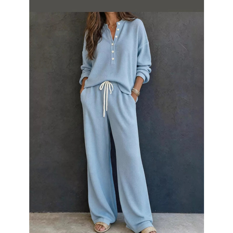 Waffle Knit Button Detail Top and Pants Set Blue / S Apparel Accessories