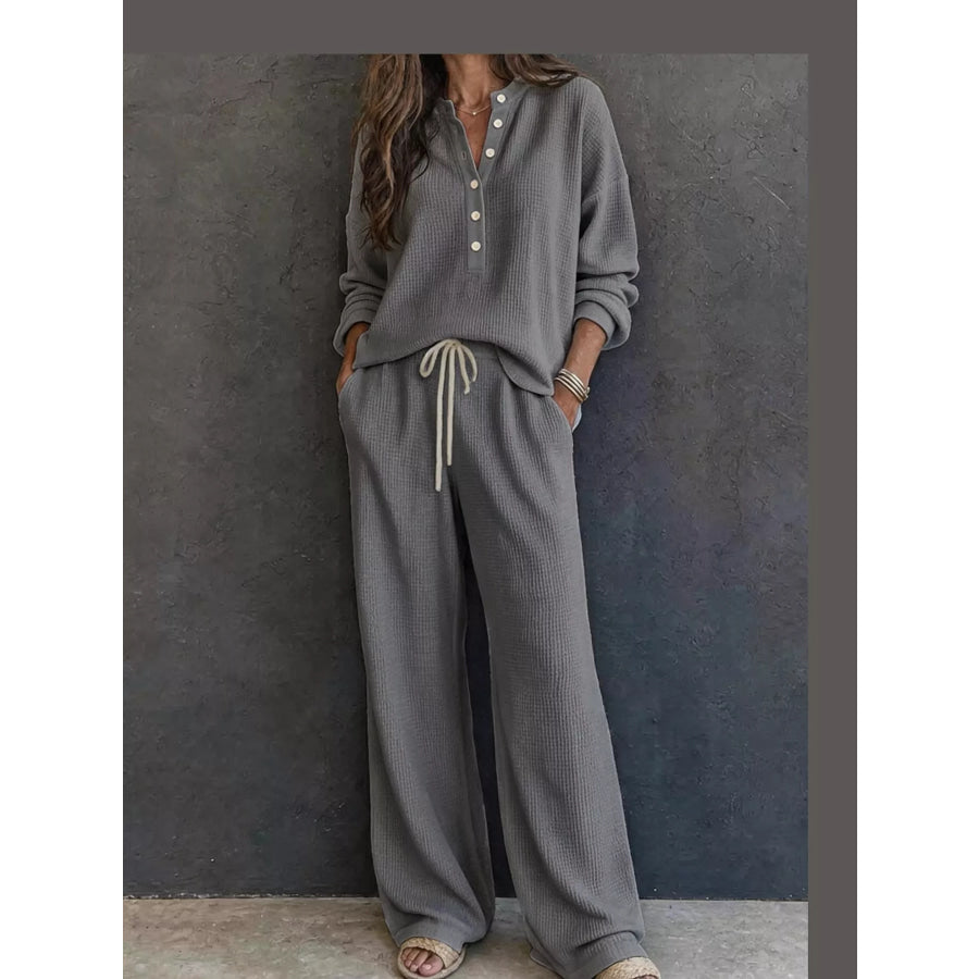 Waffle Knit Button Detail Top and Pants Set Gray / S Apparel Accessories