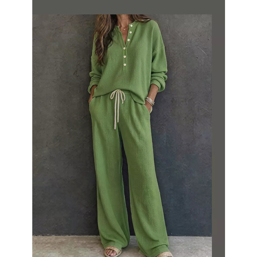 Waffle Knit Button Detail Top and Pants Set Green / S Apparel Accessories