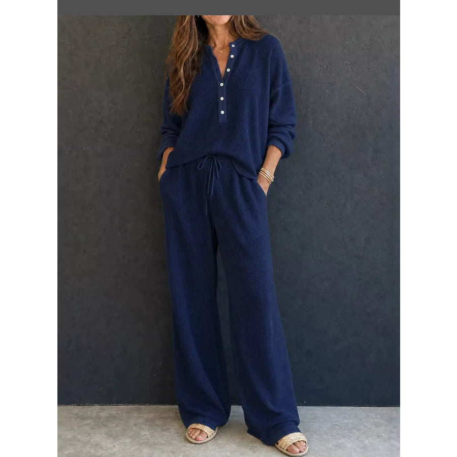 Waffle Knit Button Detail Top and Pants Set Navy Blue / S Apparel Accessories