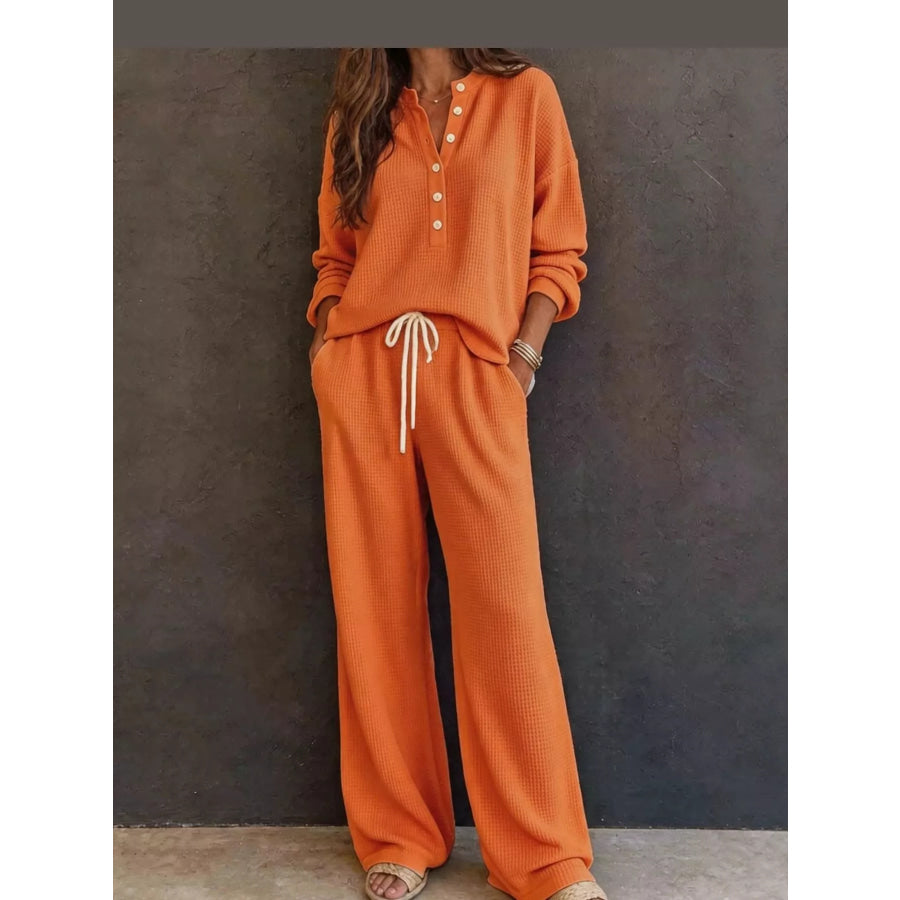 Waffle Knit Button Detail Top and Pants Set Orange / S Apparel Accessories