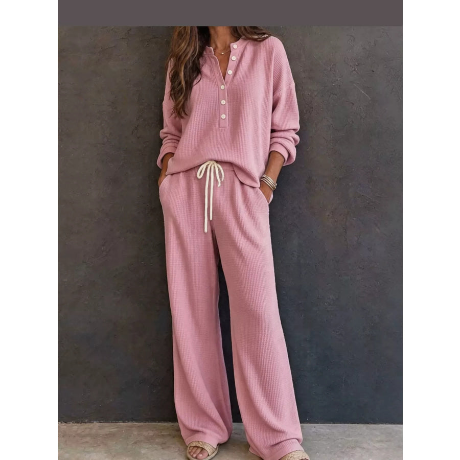 Waffle Knit Button Detail Top and Pants Set Pink / S Apparel Accessories