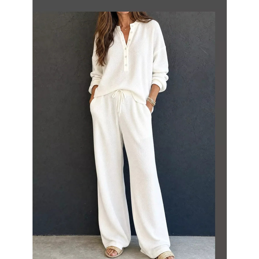 Waffle Knit Button Detail Top and Pants Set White / S Apparel Accessories