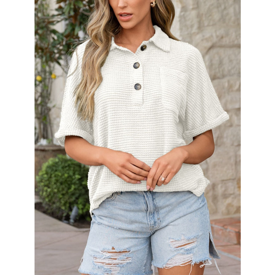 Waffle Knit Button Detail Top Apparel and Accessories