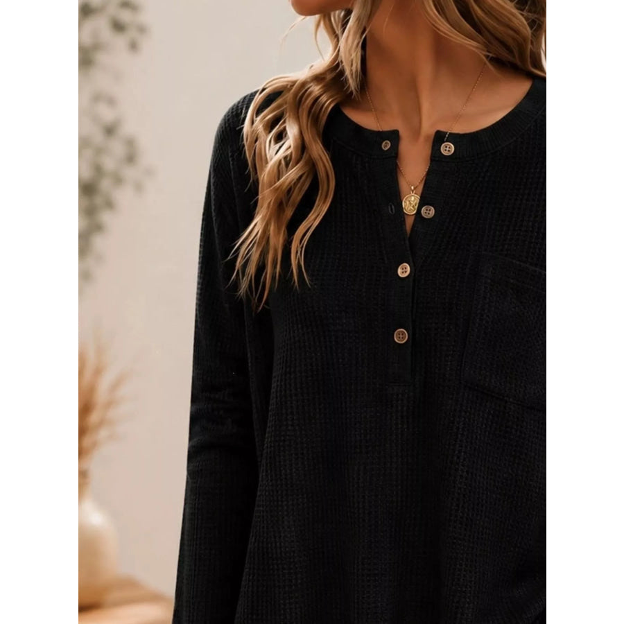 Waffle Knit Button Detail Top Apparel and Accessories