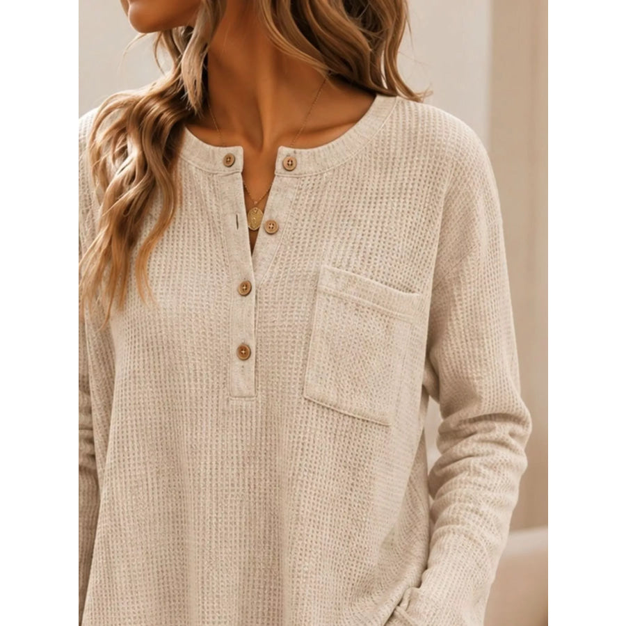 Waffle Knit Button Detail Top Apparel and Accessories