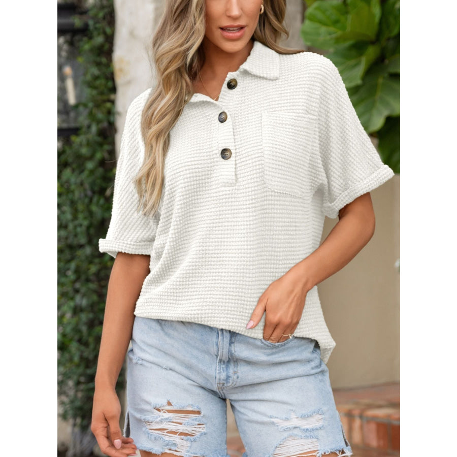 Waffle Knit Button Detail Top Apparel and Accessories