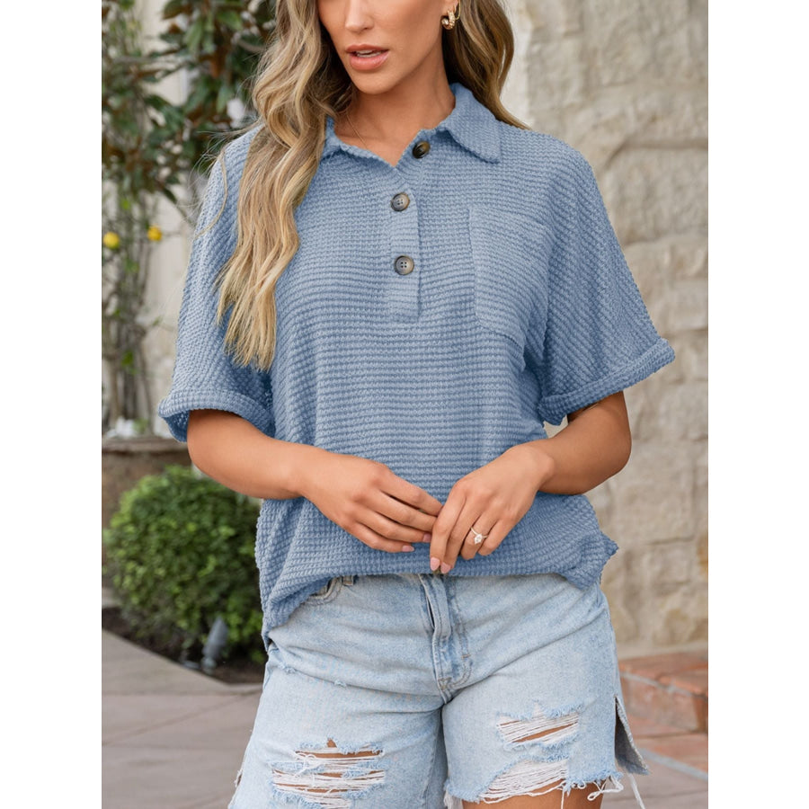 Waffle Knit Button Detail Top Apparel and Accessories