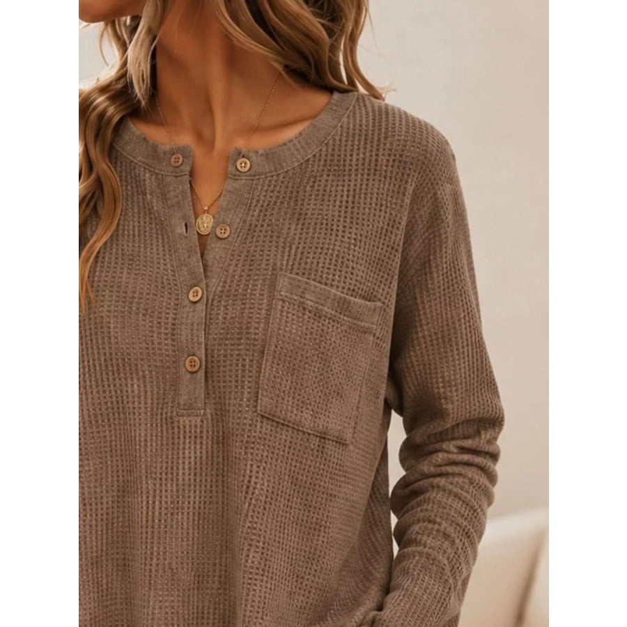 Waffle Knit Button Detail Top Apparel and Accessories
