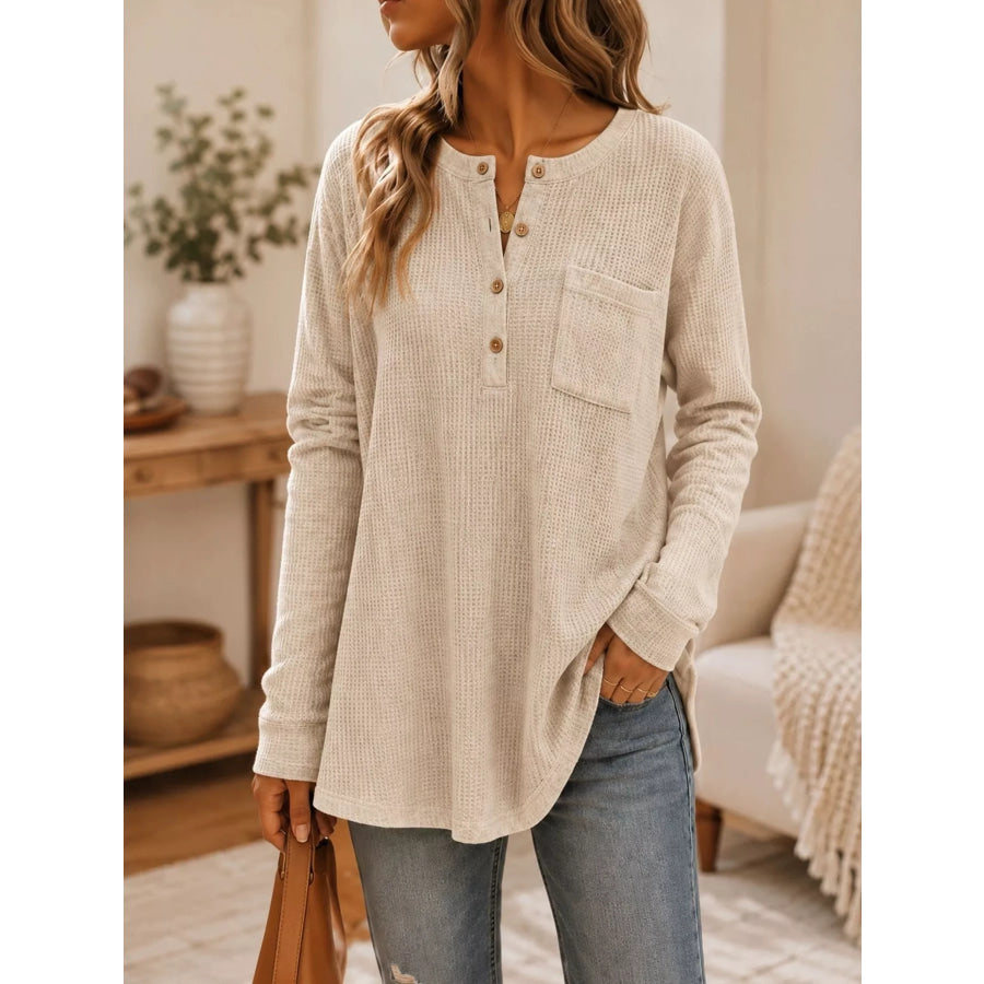 Waffle Knit Button Detail Top Apricot / S Apparel and Accessories