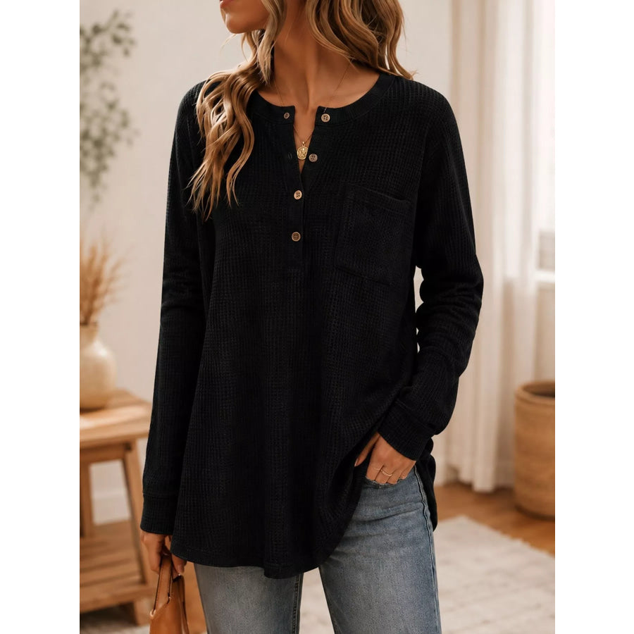 Waffle Knit Button Detail Top Black / S Apparel and Accessories