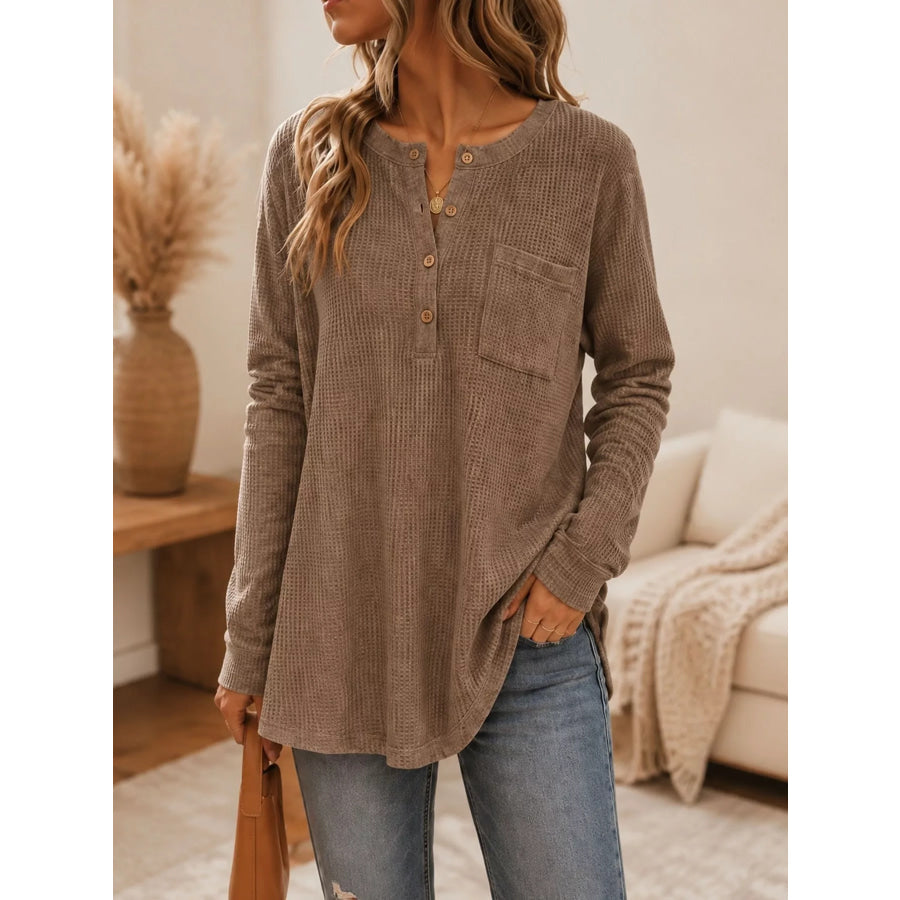 Waffle Knit Button Detail Top Brown / S Apparel and Accessories