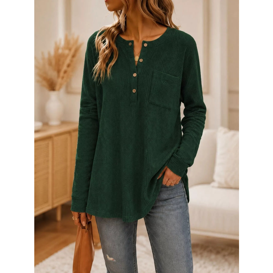 Waffle Knit Button Detail Top Green / S Apparel and Accessories