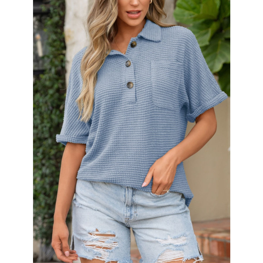 Waffle Knit Button Detail Top Light Blue / S Apparel and Accessories