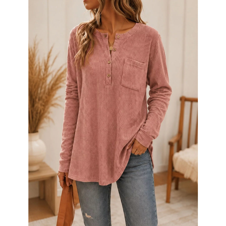 Waffle Knit Button Detail Top Pink / S Apparel and Accessories