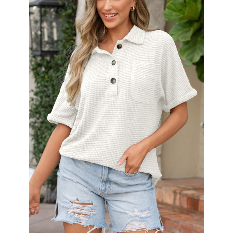 Waffle Knit Button Detail Top White / S Apparel and Accessories