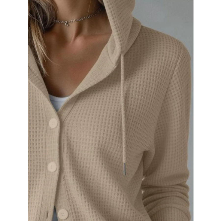 Waffle Knit Button-Down Hooded Cardigan Apparel and Accessories