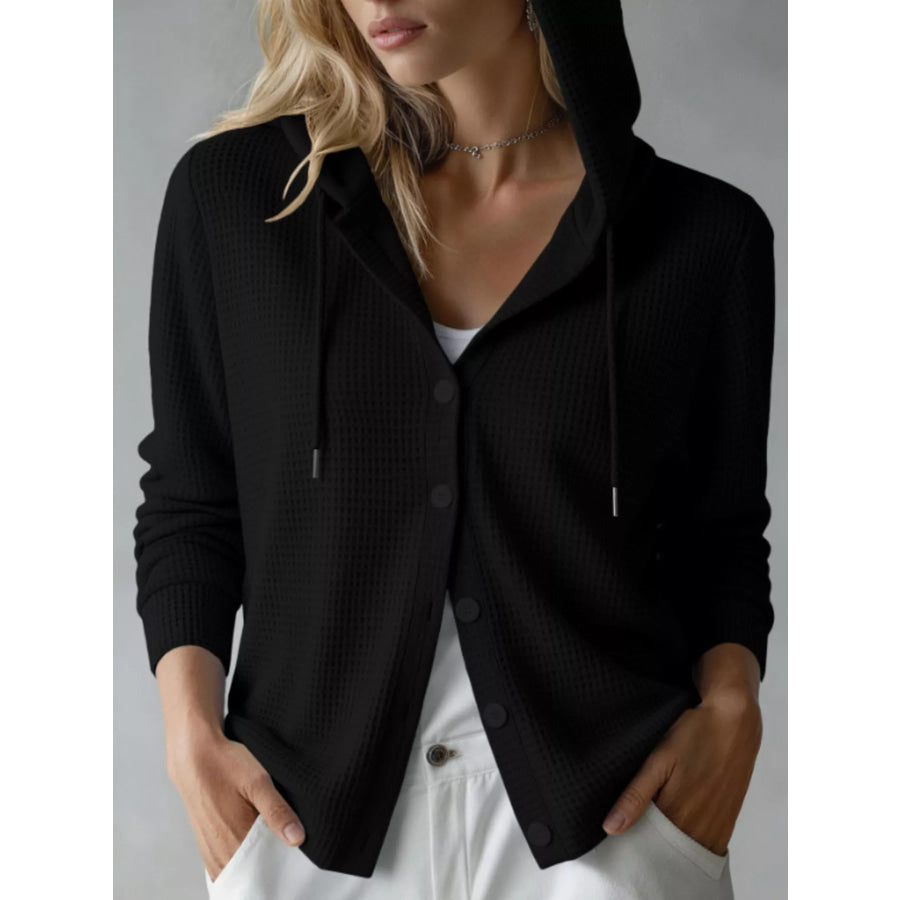 Waffle Knit Button-Down Hooded Cardigan Black / S Apparel and Accessories