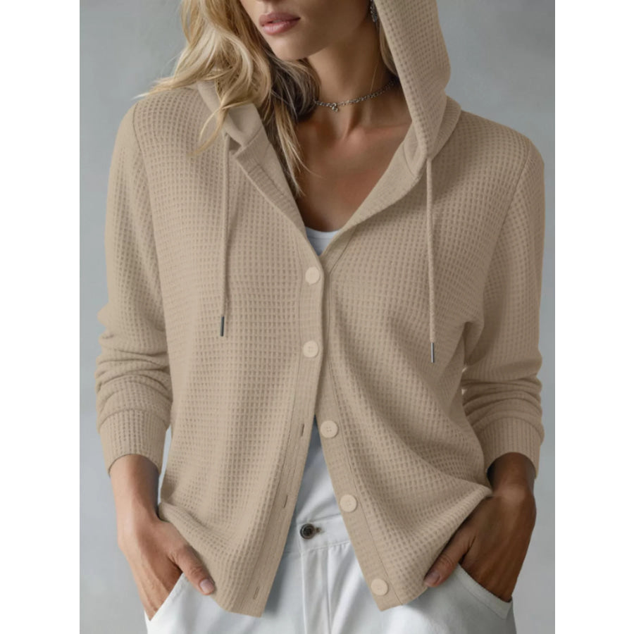 Waffle Knit Button-Down Hooded Cardigan Tan / S Apparel and Accessories