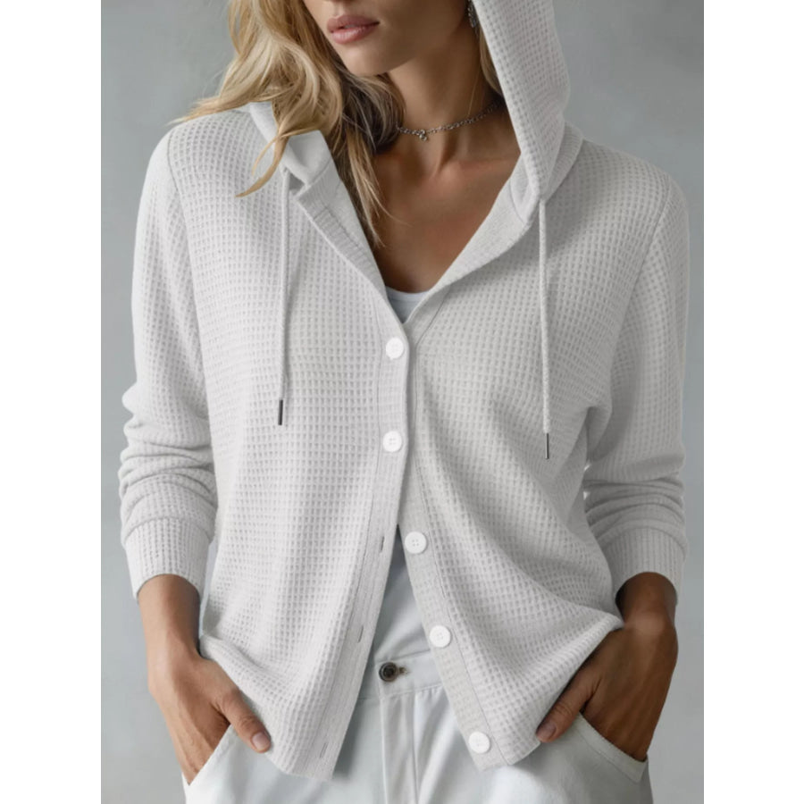 Waffle Knit Button-Down Hooded Cardigan White / S Apparel and Accessories