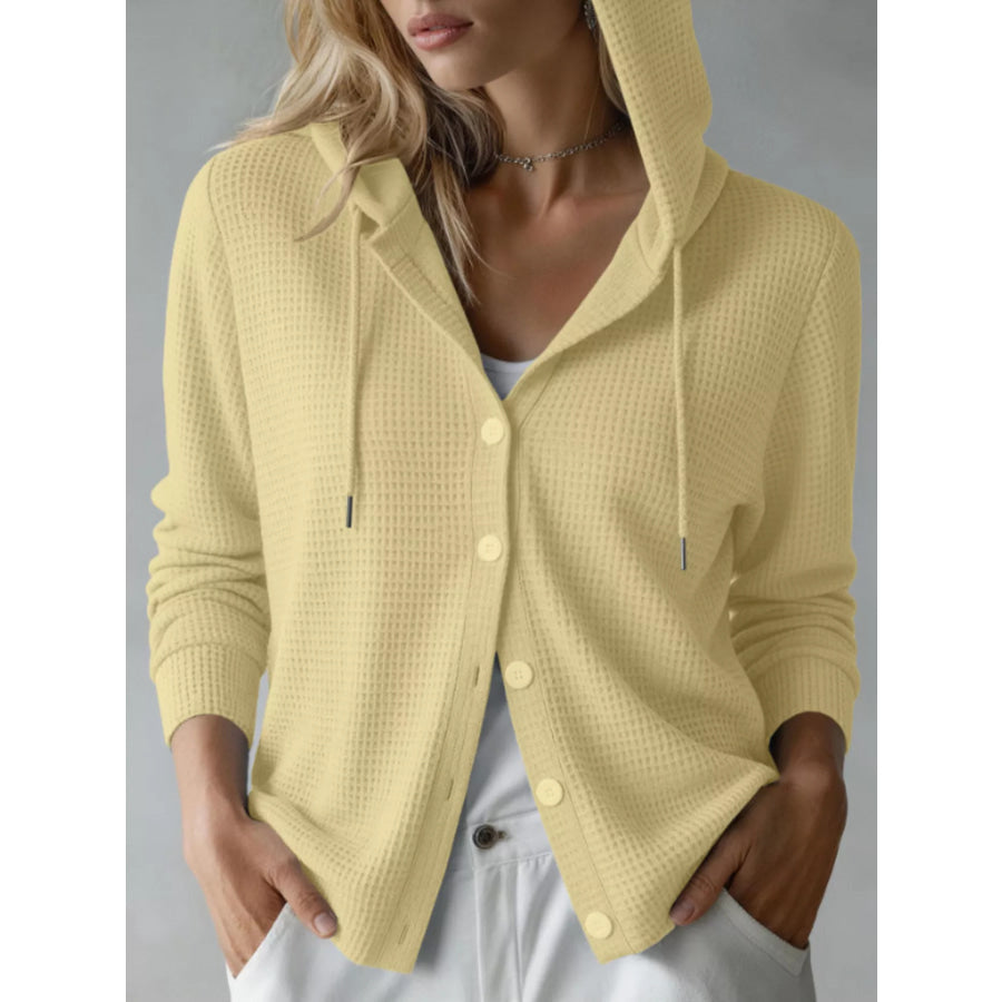 Waffle Knit Button-Down Hooded Cardigan Yellow / S Apparel and Accessories