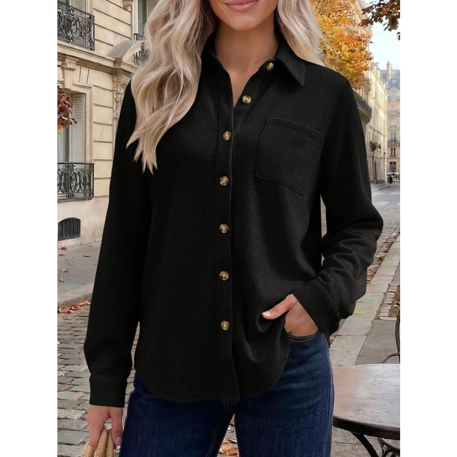 Waffle Knit Button-Down Long Sleeve Shirt Apparel and Accessories