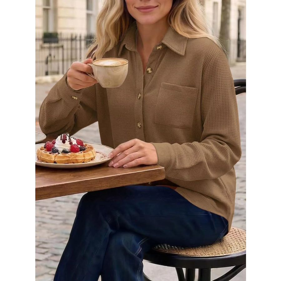 Waffle Knit Button-Down Long Sleeve Shirt Apparel and Accessories