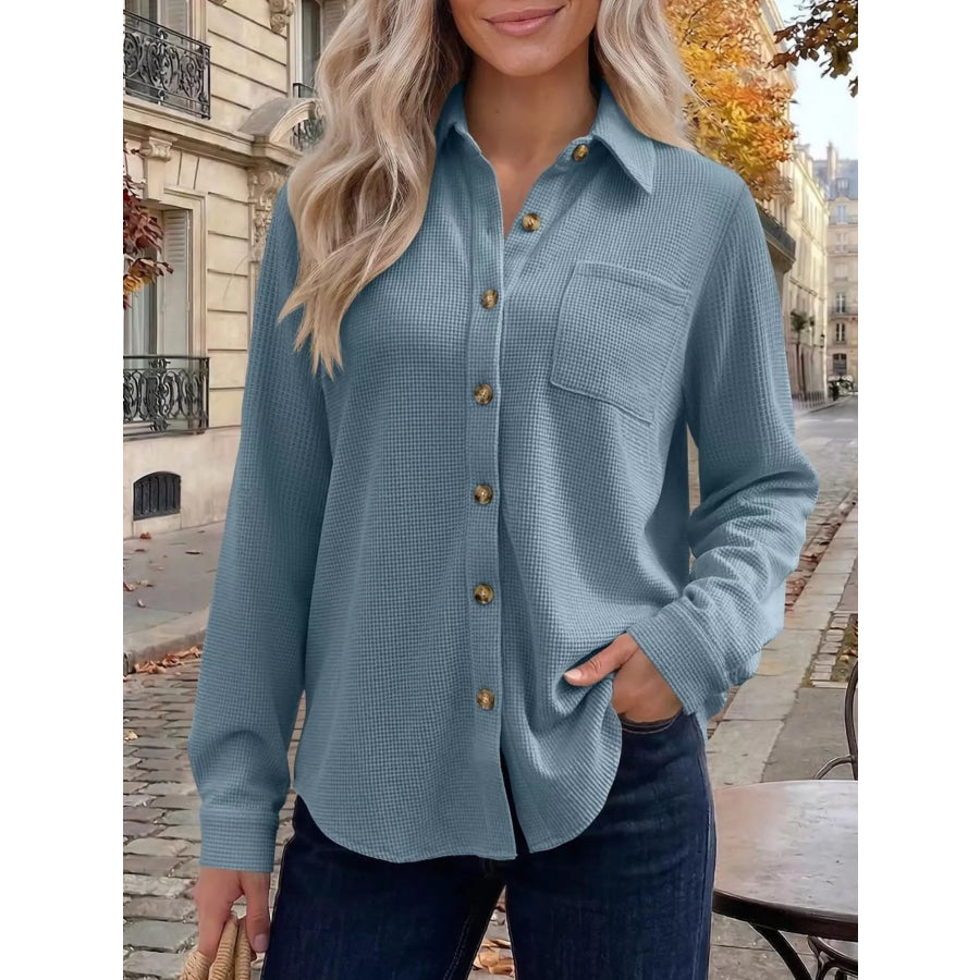 Waffle Knit Button-Down Long Sleeve Shirt Apparel and Accessories