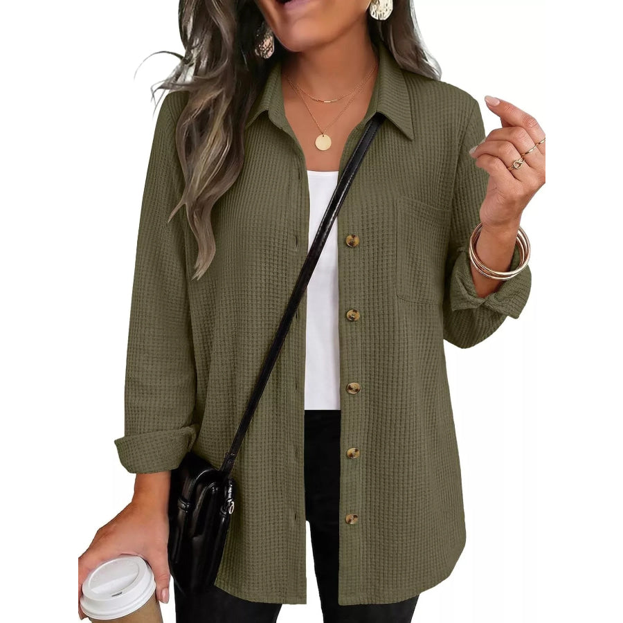 Waffle Knit Button-Down Long Sleeve Shirt Army Green / S Apparel and Accessories
