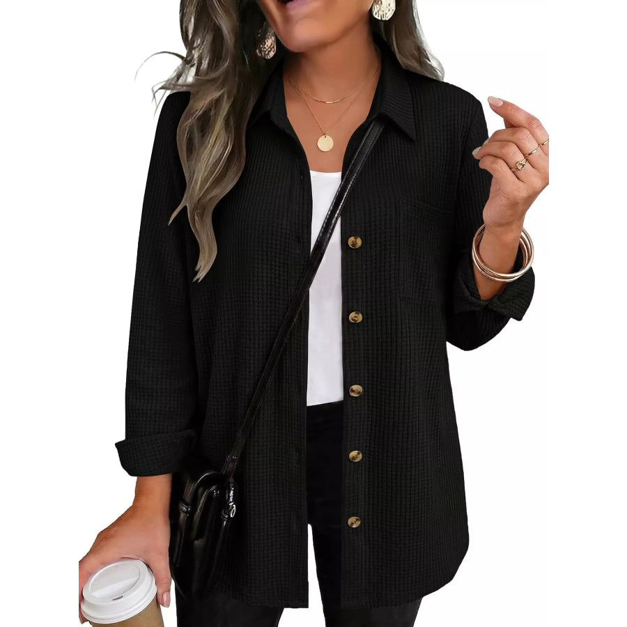 Waffle Knit Button-Down Long Sleeve Shirt Black / S Apparel and Accessories