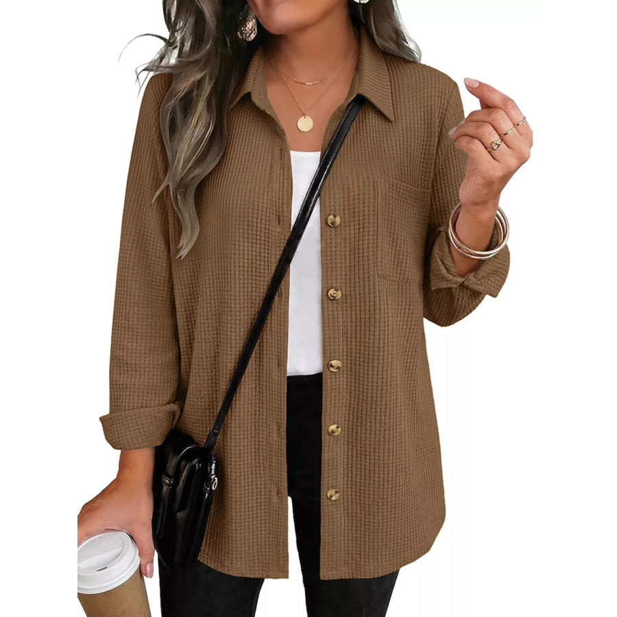 Waffle Knit Button-Down Long Sleeve Shirt Coffee Brown / S Apparel and Accessories