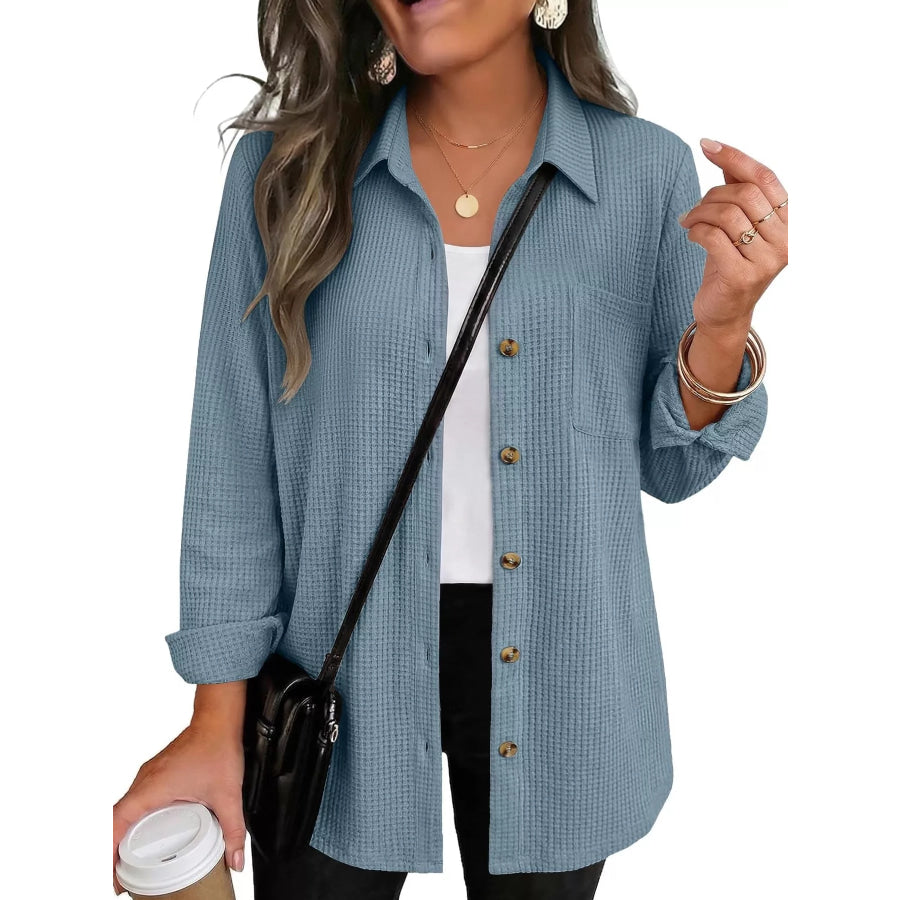 Waffle Knit Button-Down Long Sleeve Shirt Dusty Blue / S Apparel and Accessories