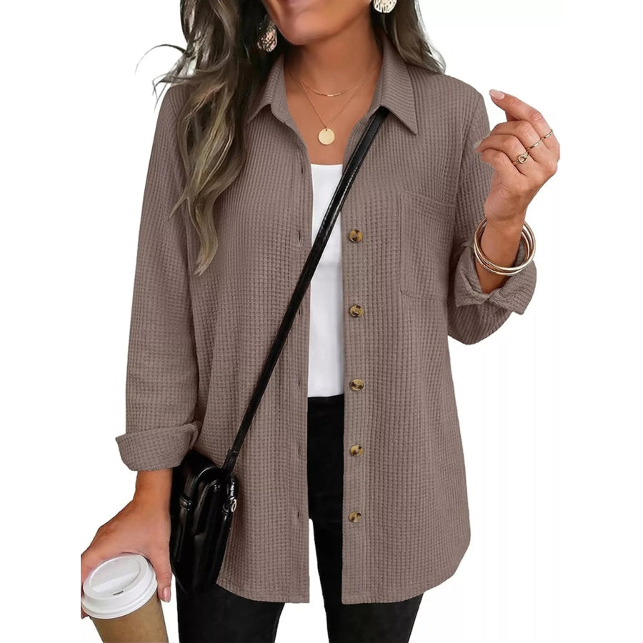 Waffle Knit Button-Down Long Sleeve Shirt Khaki / S Apparel and Accessories
