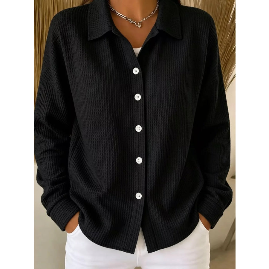 Waffle Knit Button-Down Shirt Black / S Apparel and Accessories