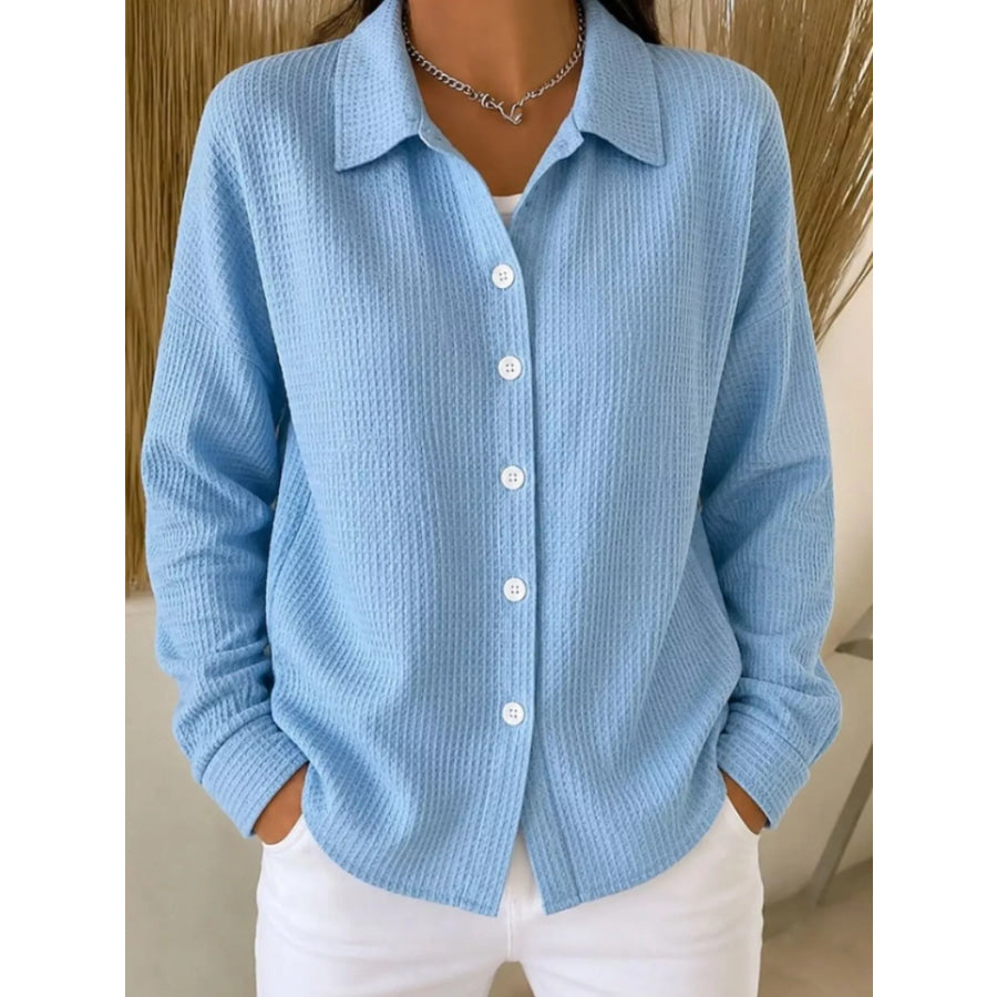 Waffle Knit Button-Down Shirt Light Blue / S Apparel and Accessories