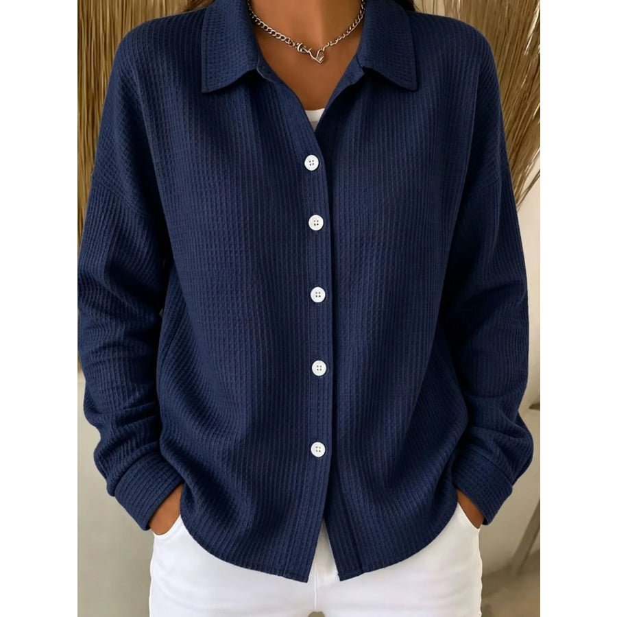 Waffle Knit Button-Down Shirt Navy Blue / S Apparel and Accessories