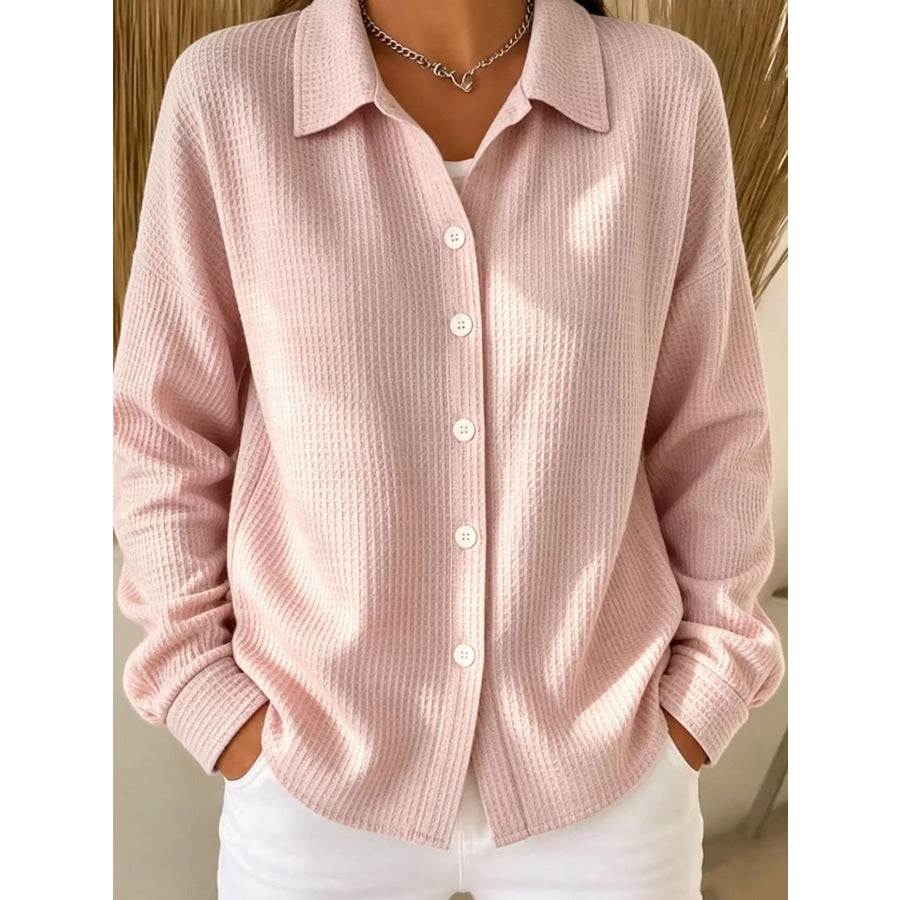 Waffle Knit Button-Down Shirt Pink / S Apparel and Accessories