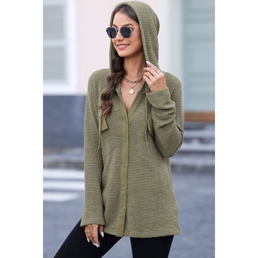 Waffle-Knit Button Up Drawstring Hoodie Clothing