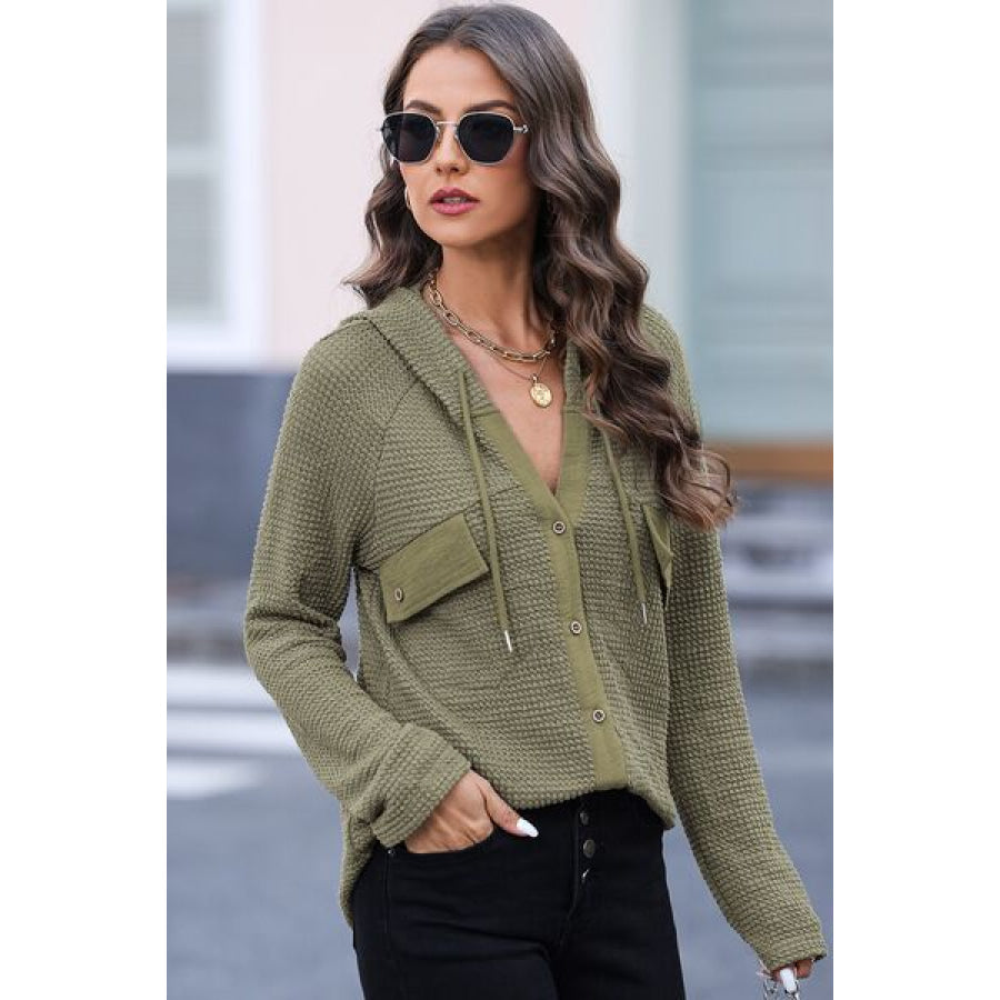 Waffle-Knit Button Up Drawstring Hoodie Sage / S Clothing
