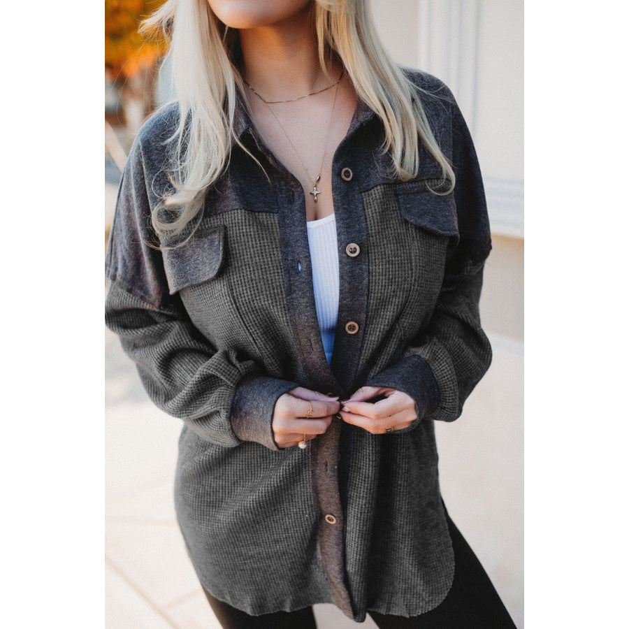 Waffle Knit Button Up Drop Shoulder Jacket Apparel and Accessories