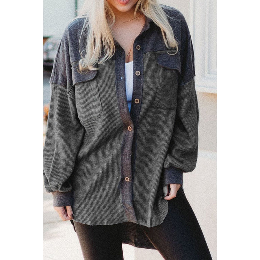 Waffle Knit Button Up Drop Shoulder Jacket Dark Gray / S Apparel and Accessories